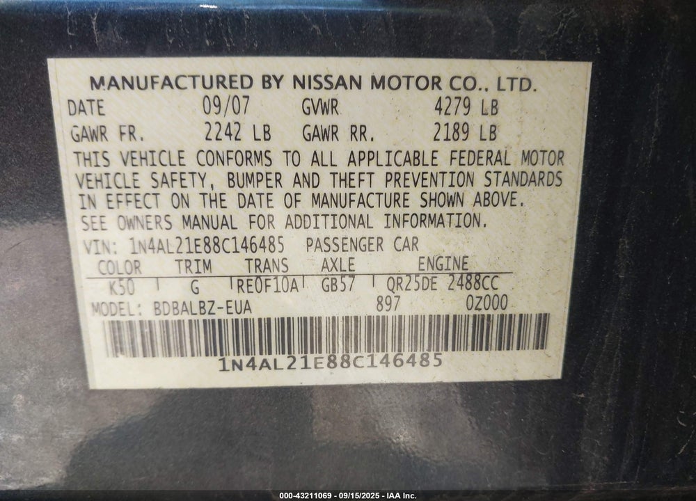 2008 NISSAN ALTIMA 2.5 S VIN: 1N4AL21E88C146485