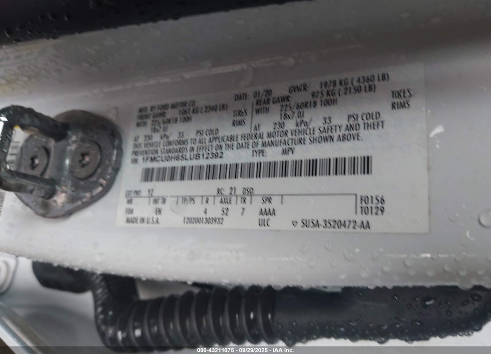 2020 FORD ESCAPE SEL VIN: 1FMCU0H65LUB12392