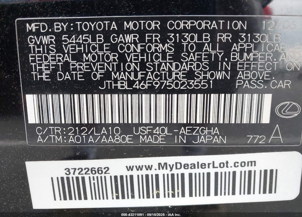 2007 LEXUS LS 460 VIN: JTHBL46F975023551