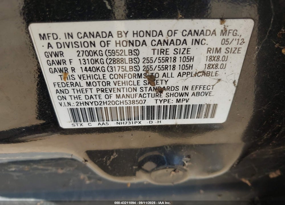 2012 ACURA MDX VIN: 2HNYD2H20CH538507