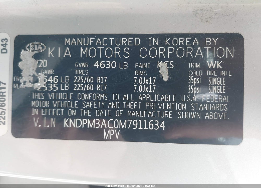 2021 KIA SPORTAGE VIN: KNDPM3AC0M7911634