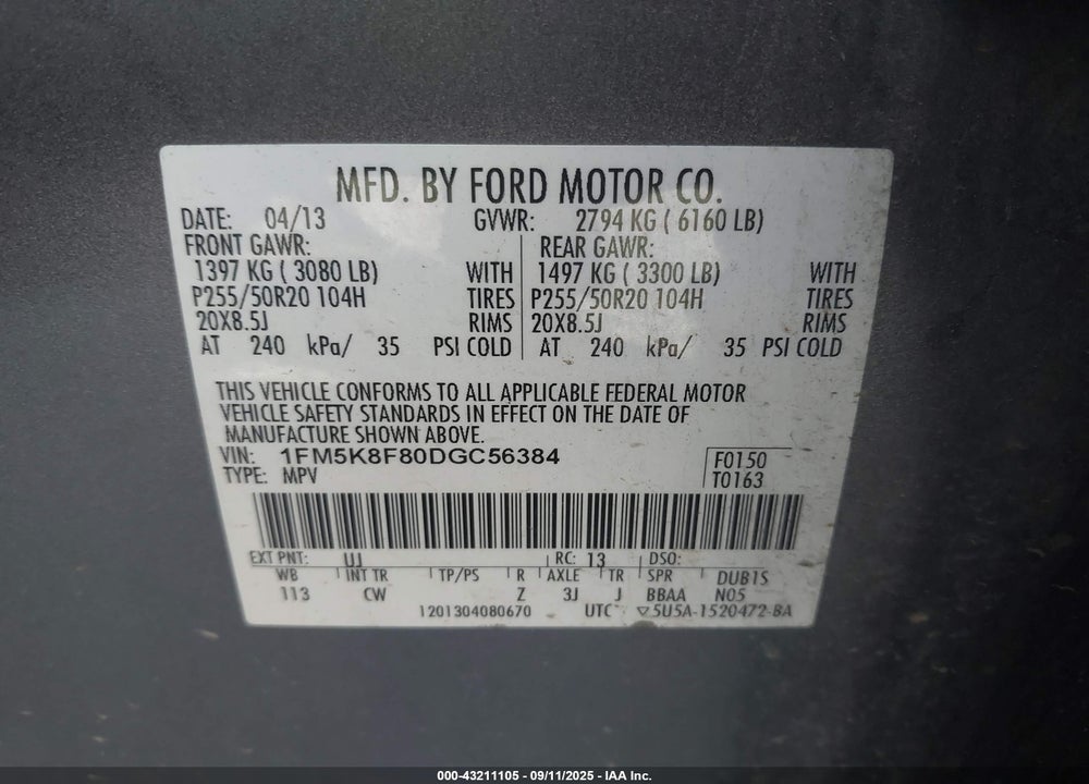2013 FORD EXPLORER VIN: 1FM5K8F80DGC56384