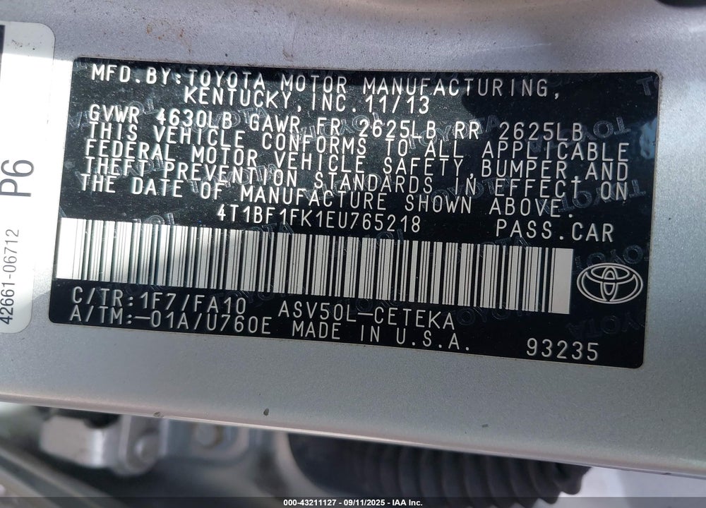 2014 TOYOTA CAMRY L VIN: 4T1BF1FK1EU765218