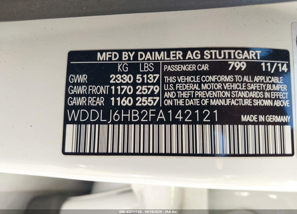 2015 MERCEDES-BENZ CLS CLASS VIN: WDDLJ6HB2FA142121