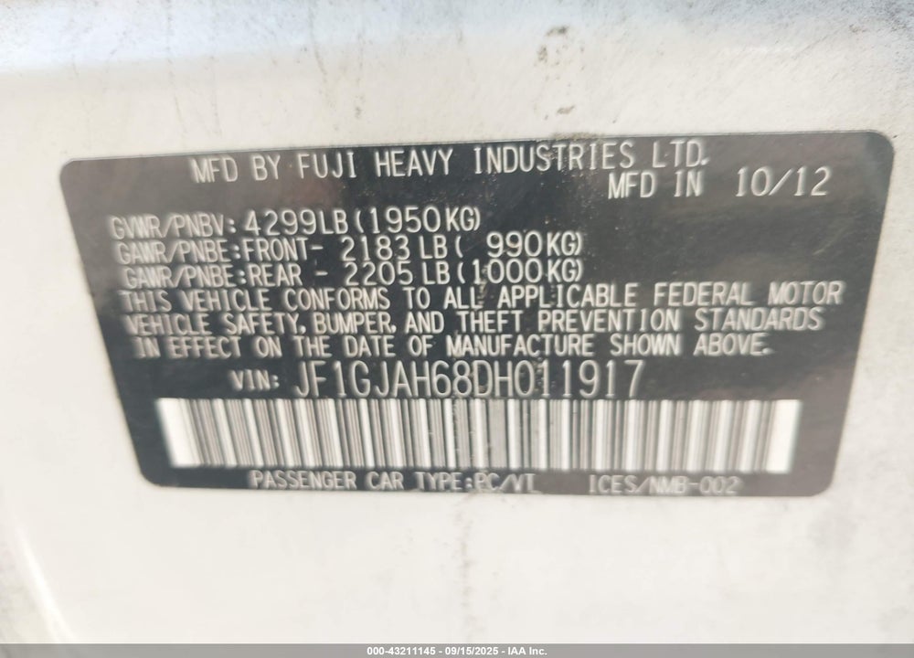 2013 SUBARU IMPREZA VIN: JF1GJAH68DH011917