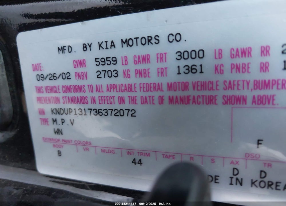 2003 KIA SEDONA EX/LX VIN: KNDUP131736372072