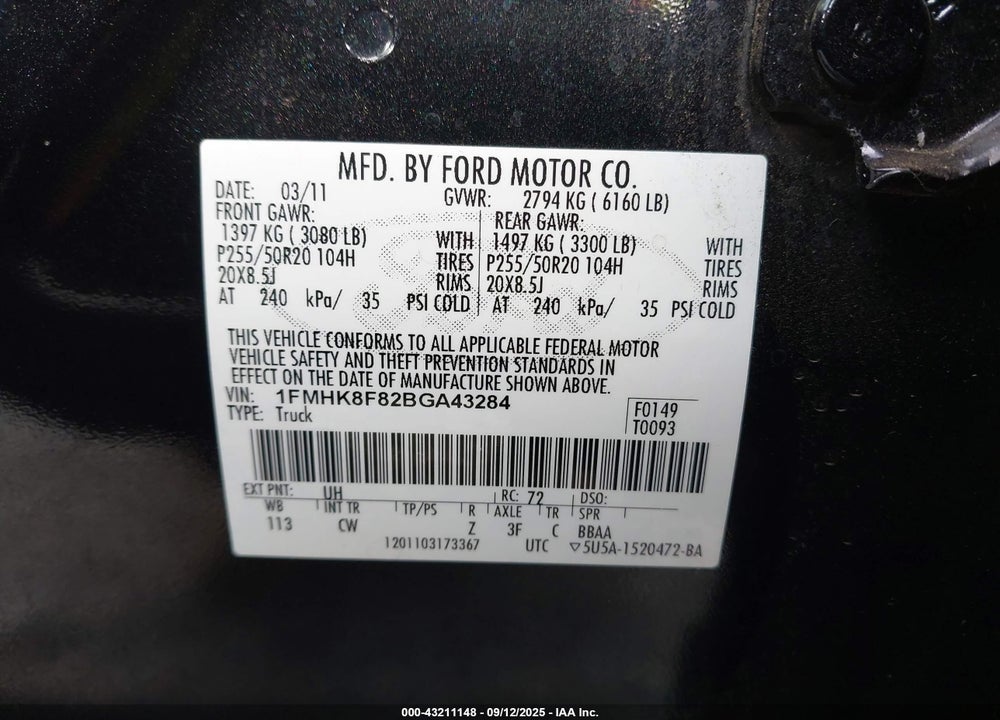 2011 FORD EXPLORER VIN: 1FMHK8F82BGA43284