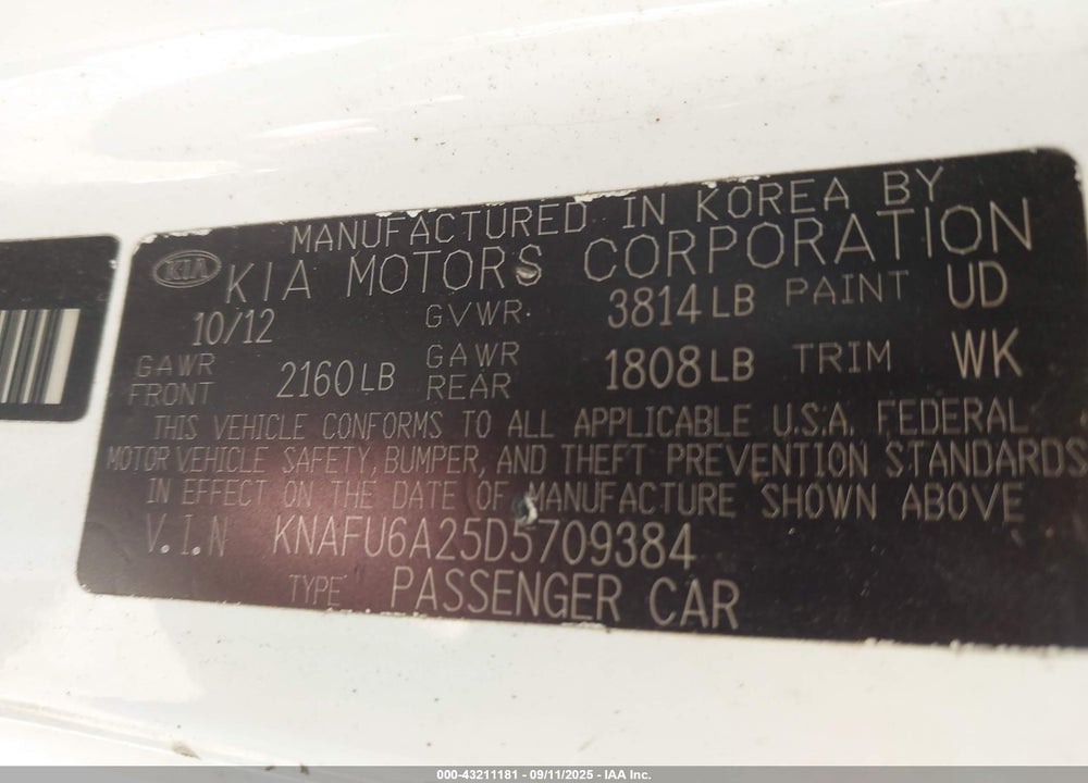 2013 KIA FORTE VIN: KNAFU6A25D5709384
