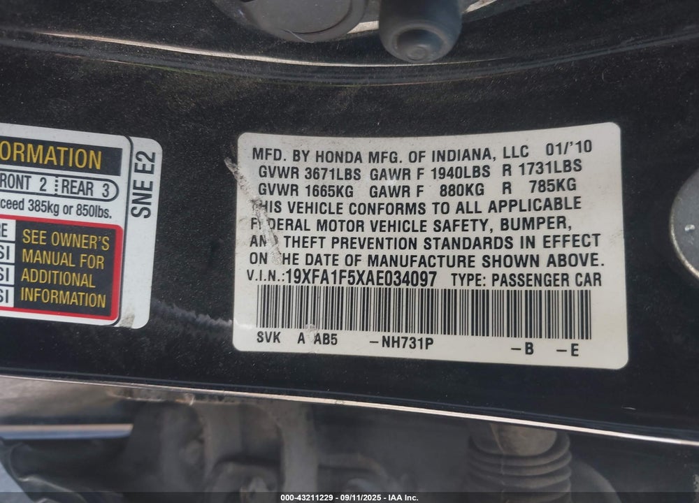 2010 HONDA CIVIC VIN: 19XFA1F5XAE034097