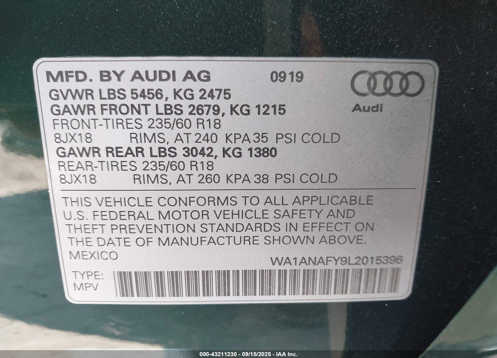 2020 AUDI Q5 VIN: WA1ANAFY9L2015396