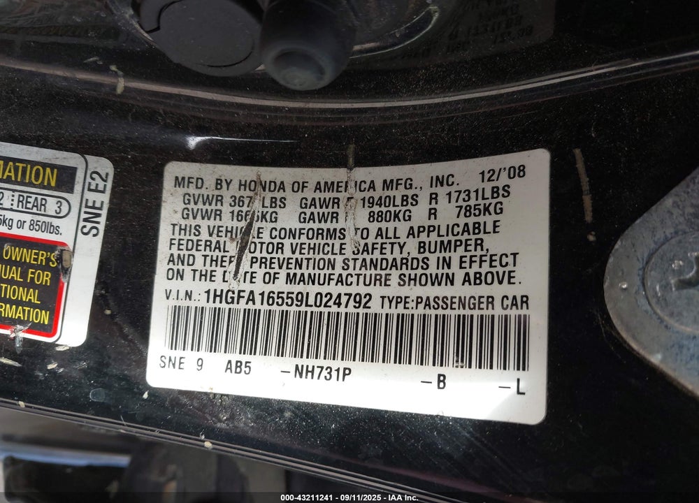 2009 HONDA CIVIC VIN: 1HGFA16559L024792