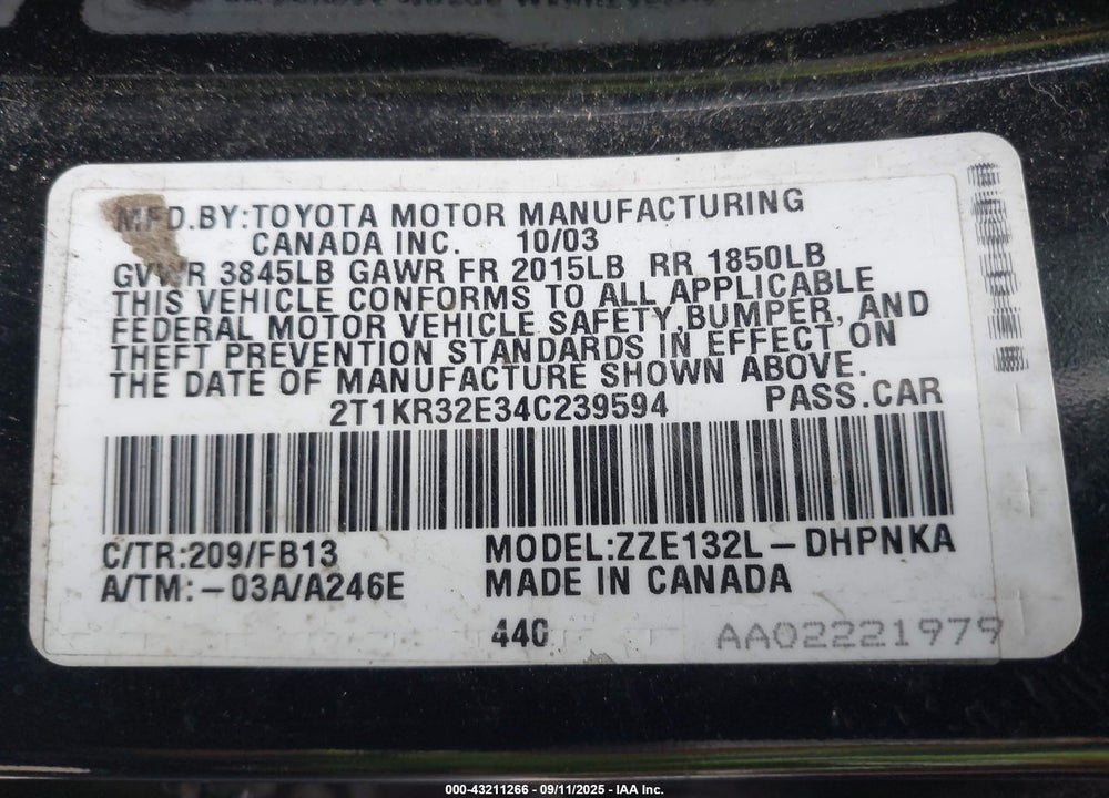 2004 TOYOTA MATRIX/XR VIN: 2T1KR32E34C239594