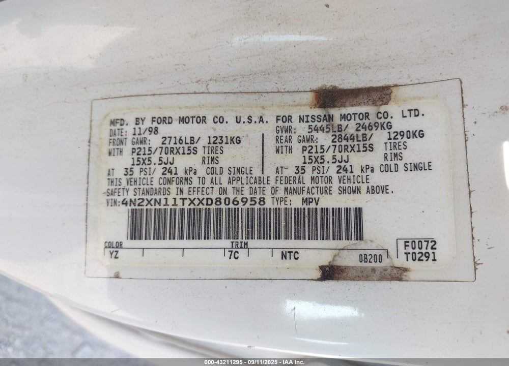 1999 NISSAN QUEST GLE/GXE/SE VIN: 4N2XN11TXXD806958
