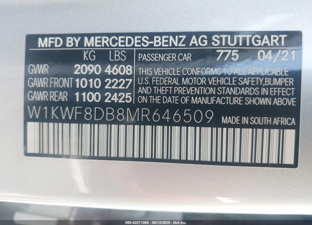 2021 MERCEDES-BENZ C CLASS VIN: W1KWF8DB8MR646509
