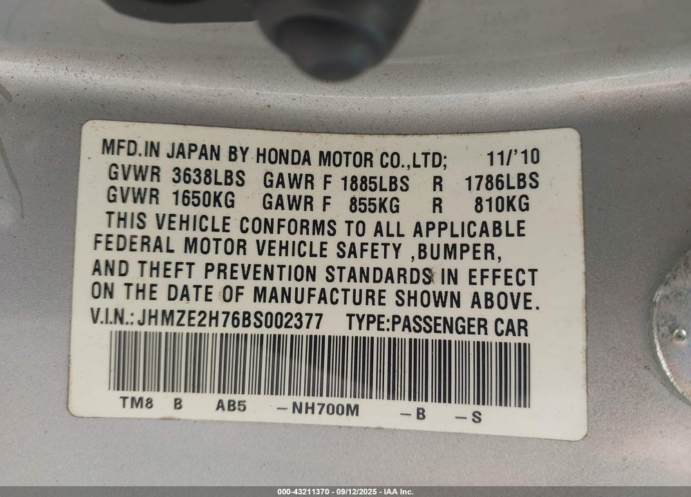 2011 HONDA INSIGHT VIN: JHMZE2H76BS002377