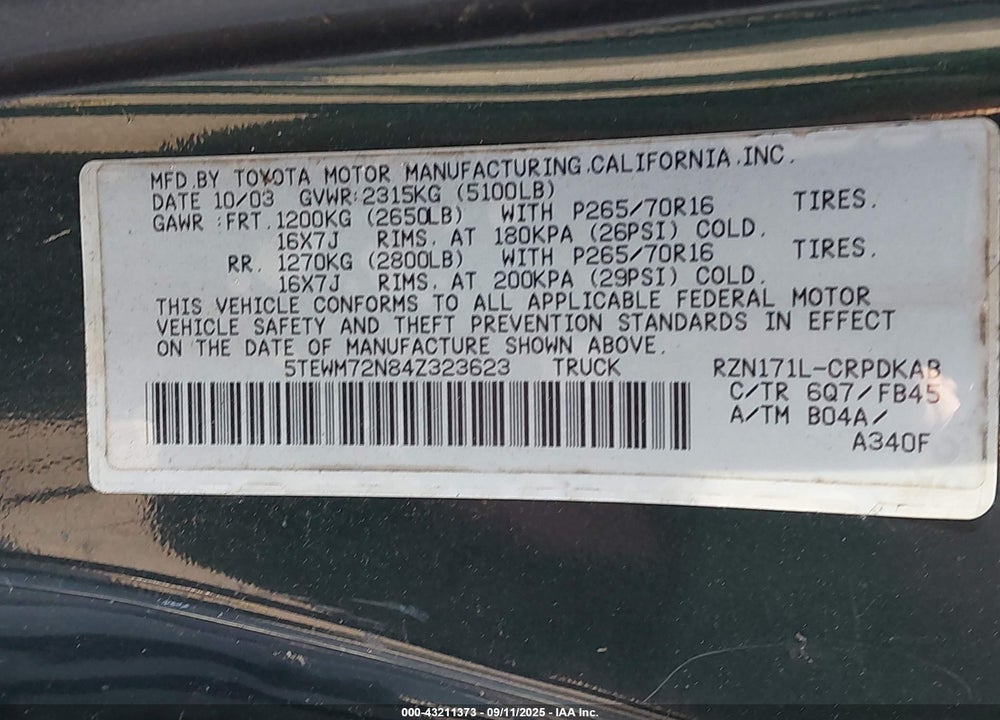 2004 TOYOTA TACOMA VIN: 5TEWM72N84Z323623