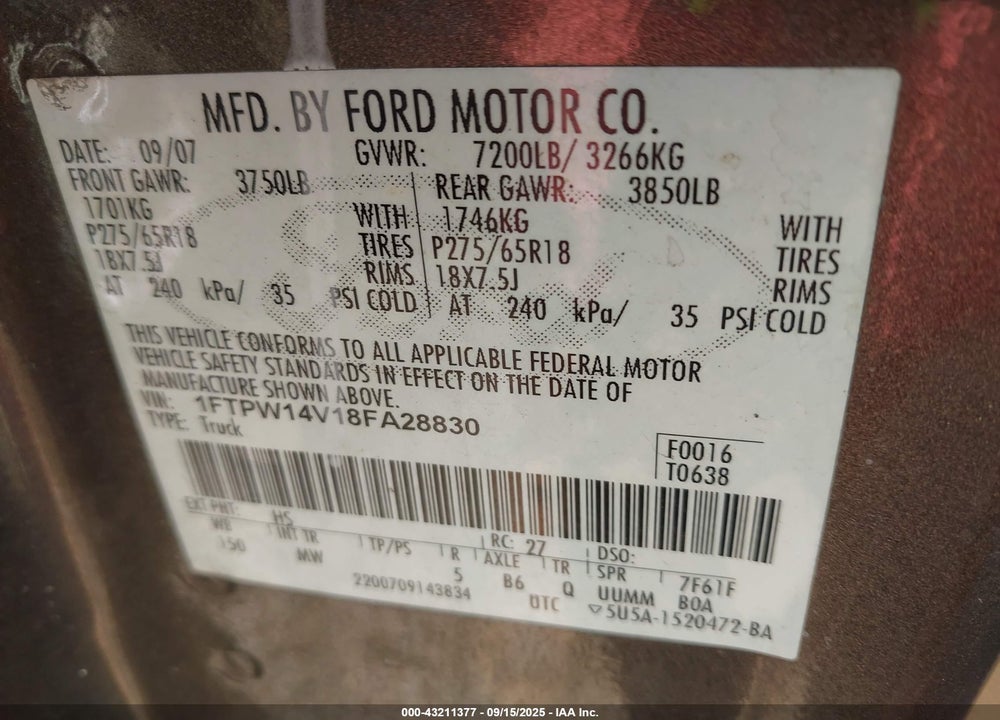 2008 FORD F-150 60TH ANNIVERSARY/FX4/KING RANCH/LARIAT/XLT VIN: 1FTPW14V18FA28830