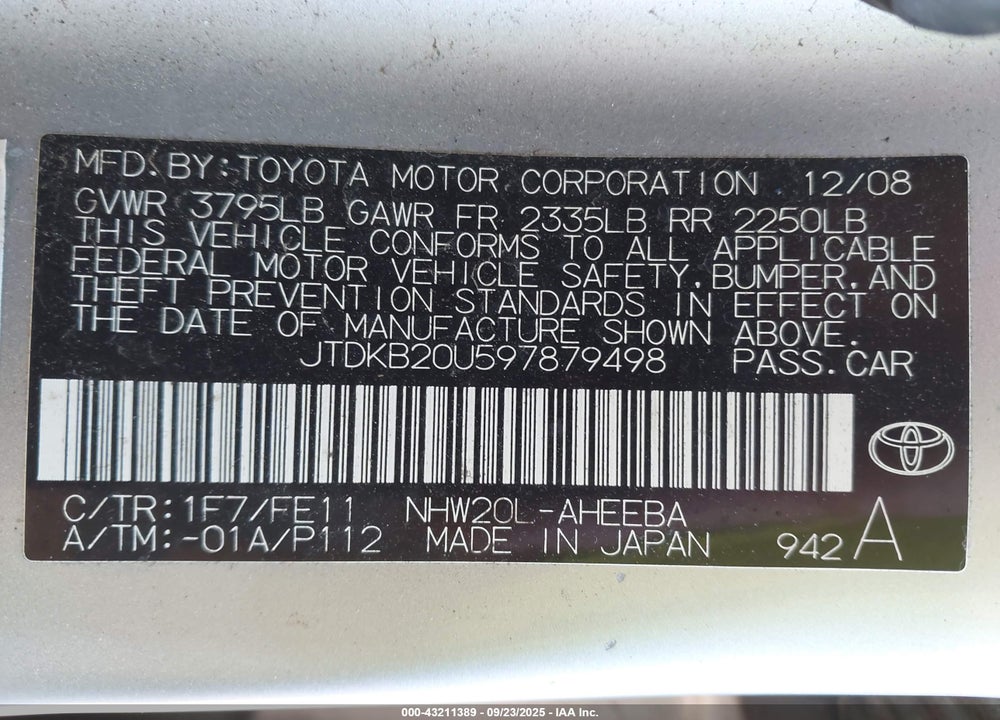 2009 TOYOTA PRIUS VIN: JTDKB20U597879498