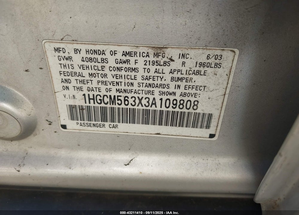 2003 HONDA ACCORD 2.4 LX VIN: 1HGCM563X3A109808