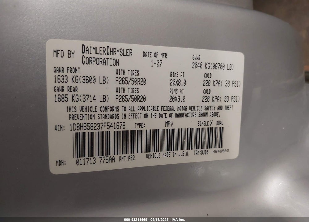 2007 DODGE DURANGO VIN: 1D8HB58237F541679