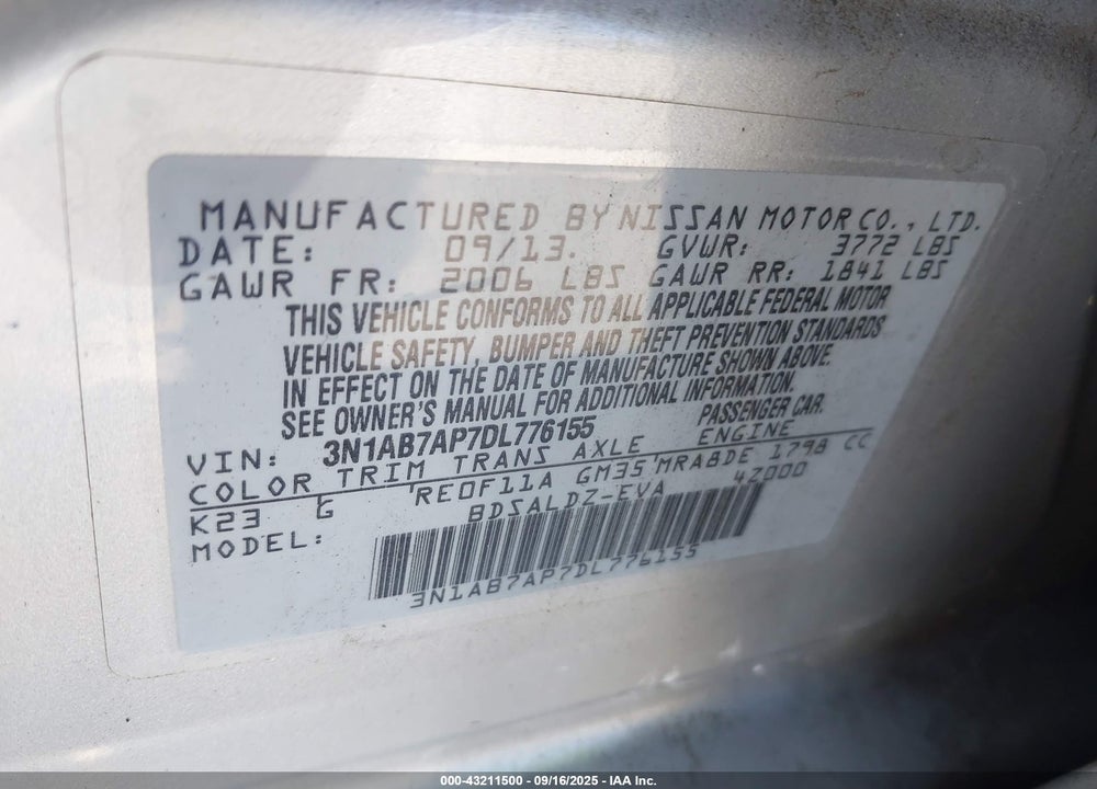 2013 NISSAN SENTRA SV VIN: 3N1AB7AP7DL776155