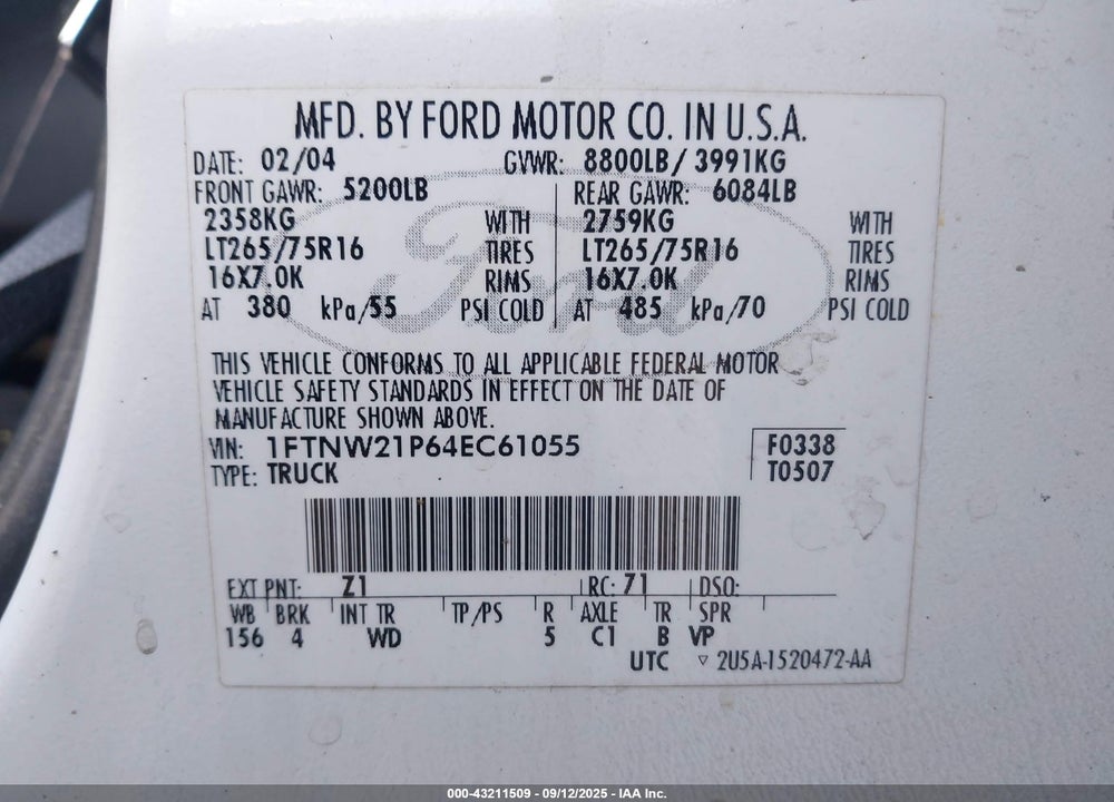2004 FORD F-250 VIN: 1FTNW21P64EC61055