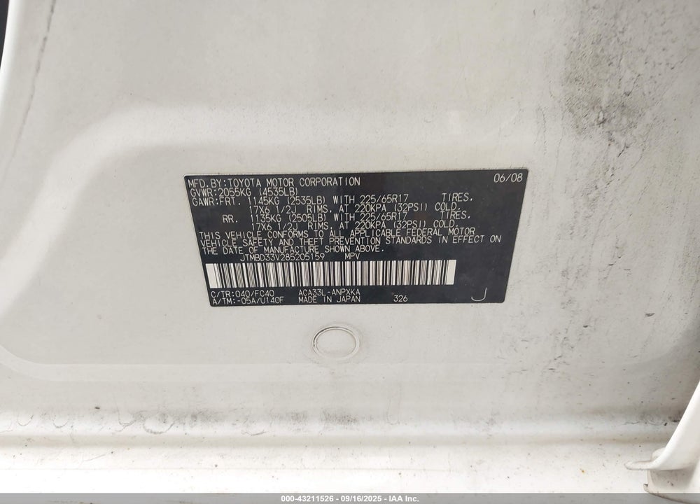 2008 TOYOTA RAV4 VIN: JTMBD33V285205159