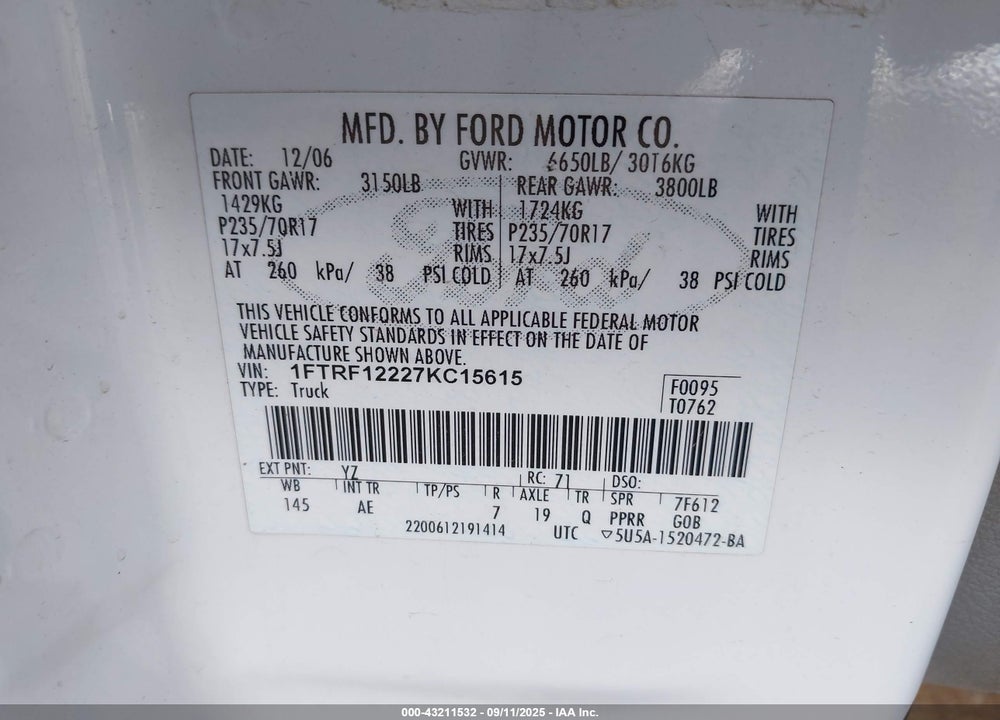 2007 FORD F-150 STX/XL/XLT VIN: 1FTRF12227KC15615