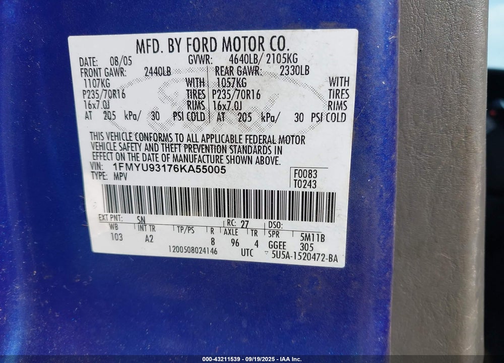 2006 FORD ESCAPE XLT/XLT SPORT VIN: 1FMYU93176KA55005