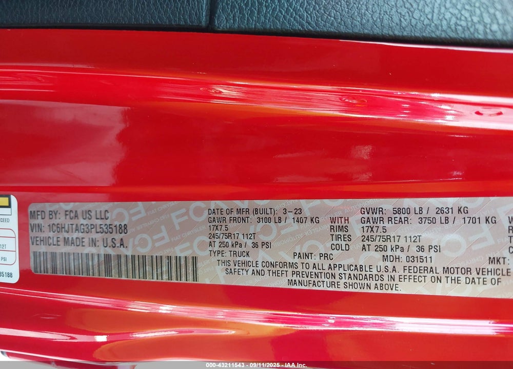 2023 JEEP GLADIATOR SPORT S 4X4 VIN: 1C6HJTAG3PL535188