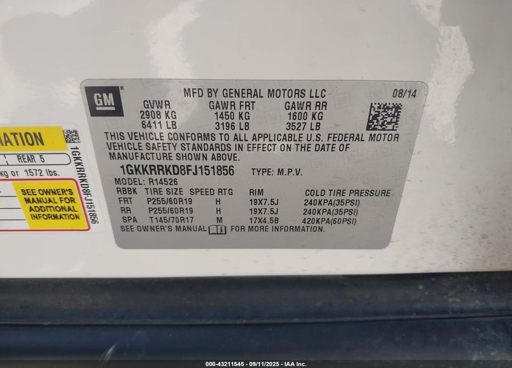 2015 GMC ACADIA SLT-1 VIN: 1GKKRRKD8FJ151856