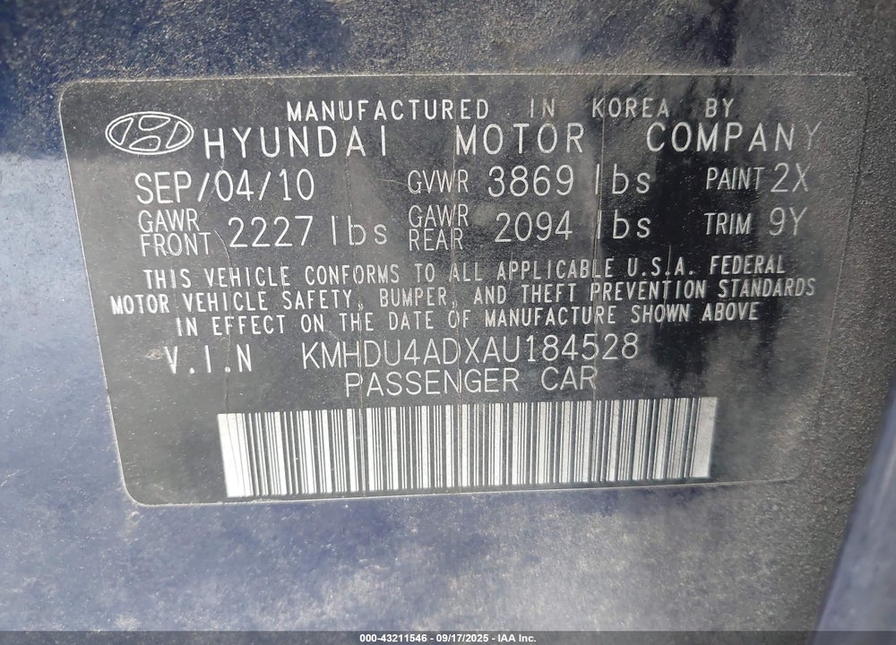 2010 HYUNDAI ELANTRA VIN: KMHDU4ADXAU184528