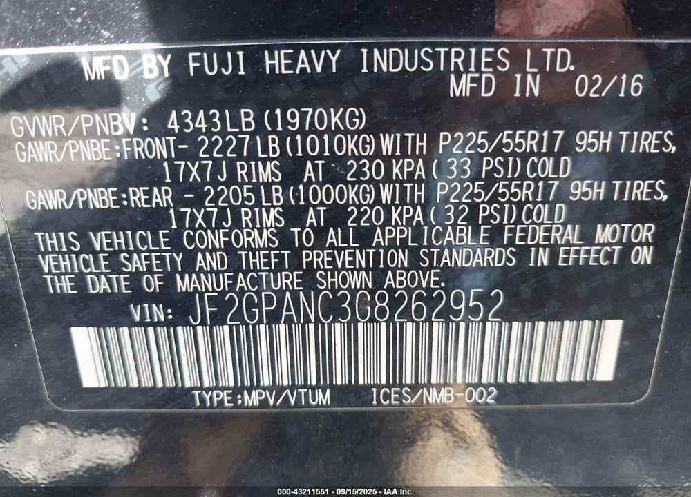 2016 SUBARU CROSSTREK VIN: JF2GPANC3G8262952