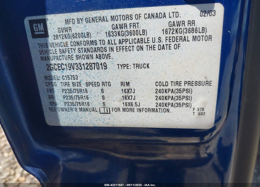 2003 CHEVROLET SILVERADO 1500 LS VIN: 2GCEC19V331287019