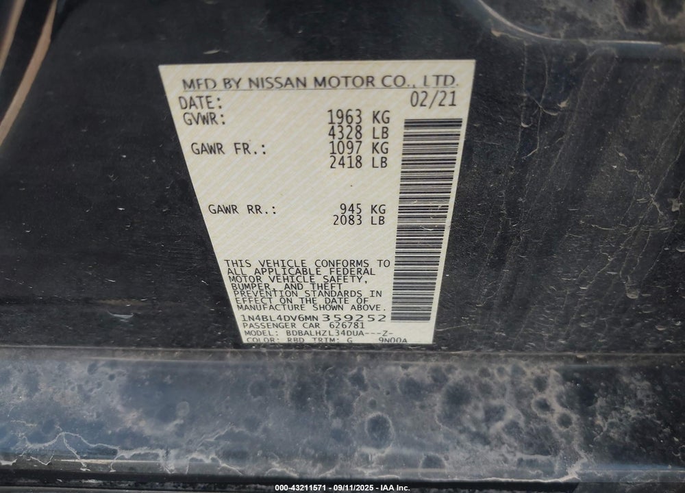 2021 NISSAN ALTIMA SV FWD VIN: 1N4BL4DV6MN359252