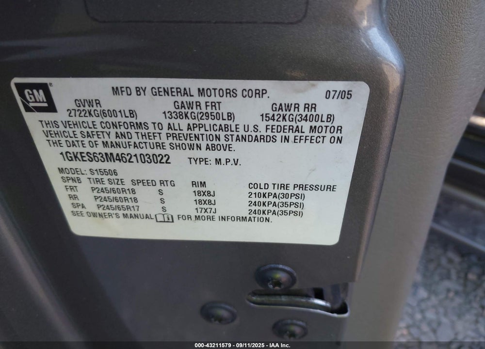 2006 GMC ENVOY DENALI VIN: 1GKES63M462103022