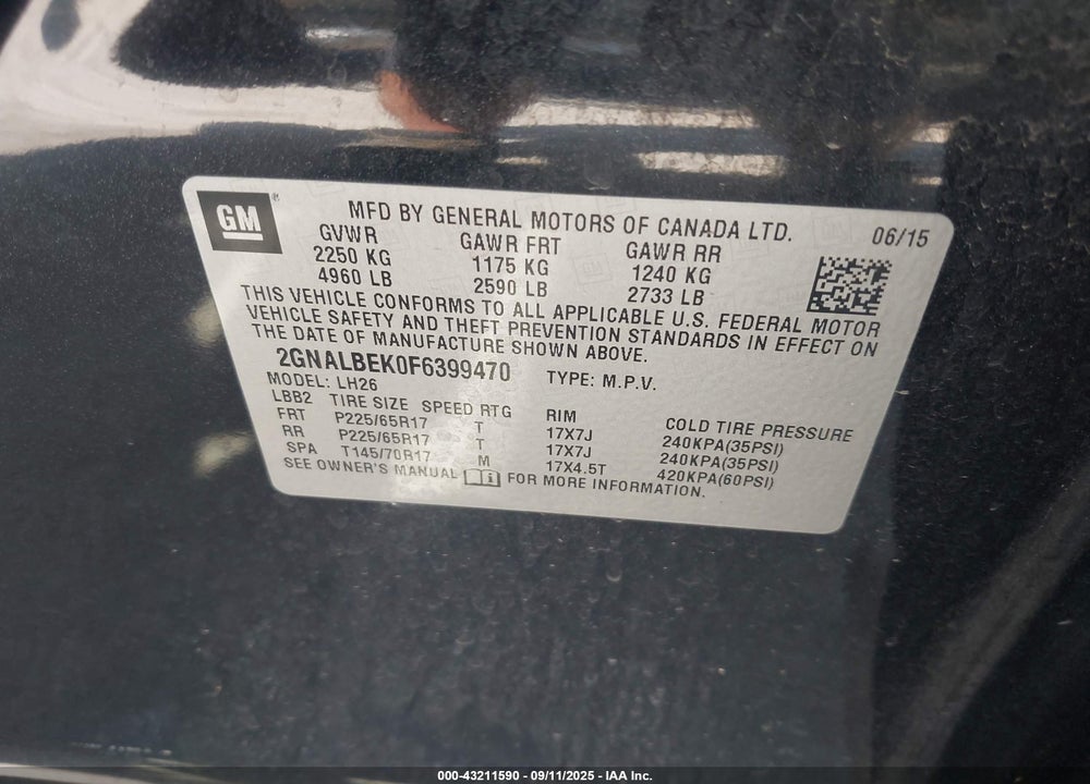 2015 CHEVROLET EQUINOX VIN: 2GNALBEK0F6399470