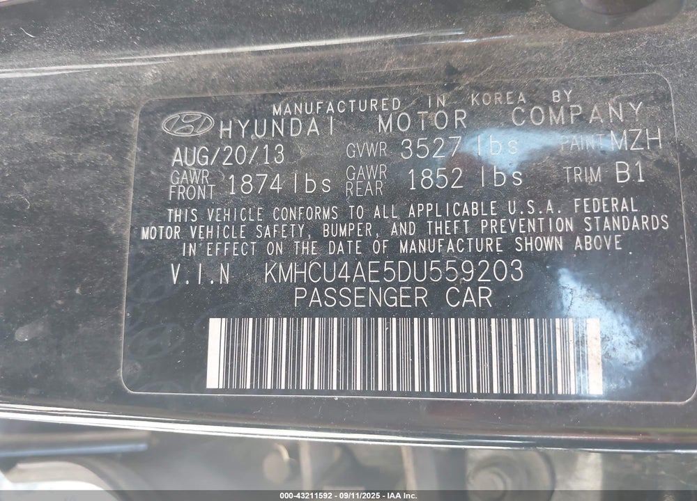 2013 HYUNDAI ACCENT VIN: KMHCU4AE5DU559203