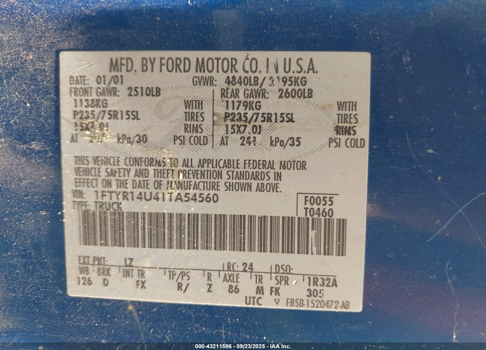 2001 FORD RANGER EDGE/XL/XLT VIN: 1FTYR14U41TA54560