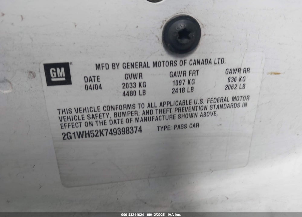 2004 CHEVROLET IMPALA LS VIN: 2G1WH52K749398374