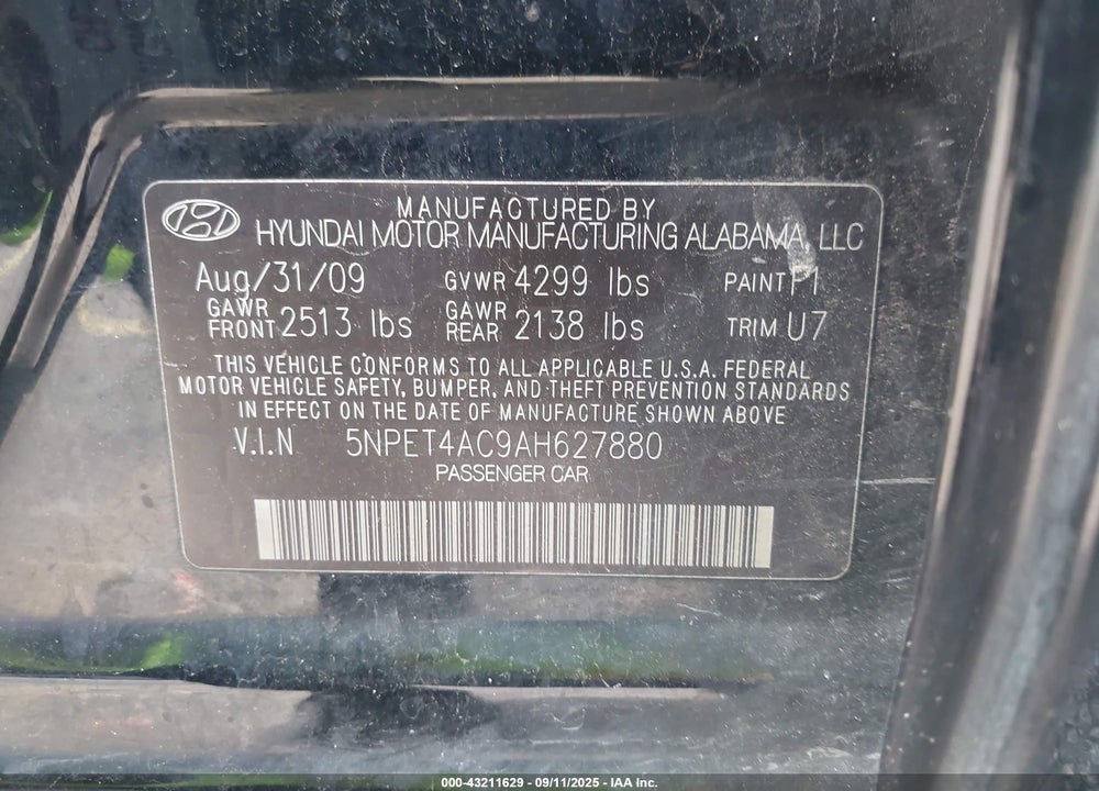 2010 HYUNDAI SONATA VIN: 5NPET4AC9AH627880