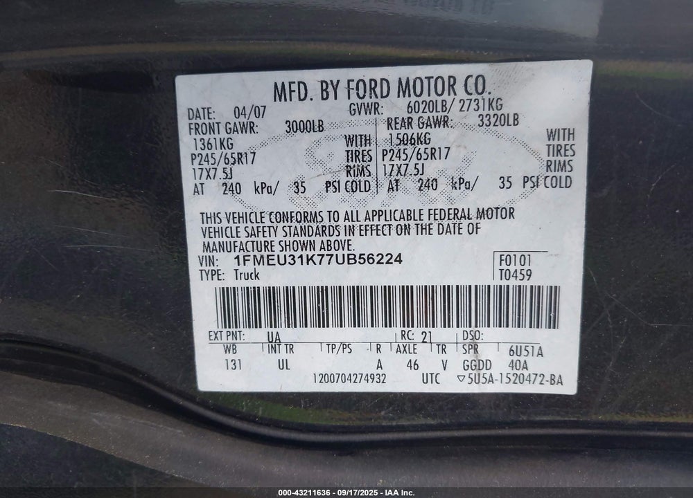 2007 FORD EXPLORER SPORT TRAC XLT VIN: 1FMEU31K77UB56224