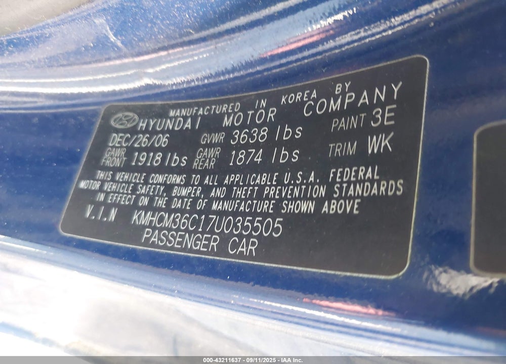 2007 HYUNDAI ACCENT GS VIN: KMHCM36C17U035505