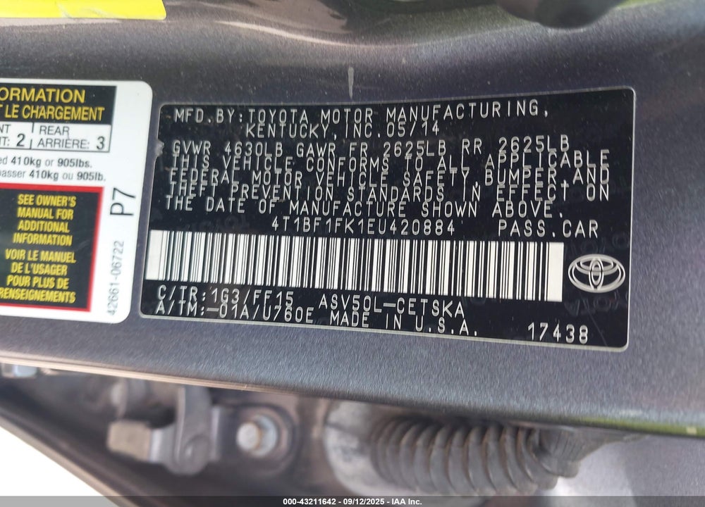 2014 TOYOTA CAMRY VIN: 4T1BF1FK1EU420884