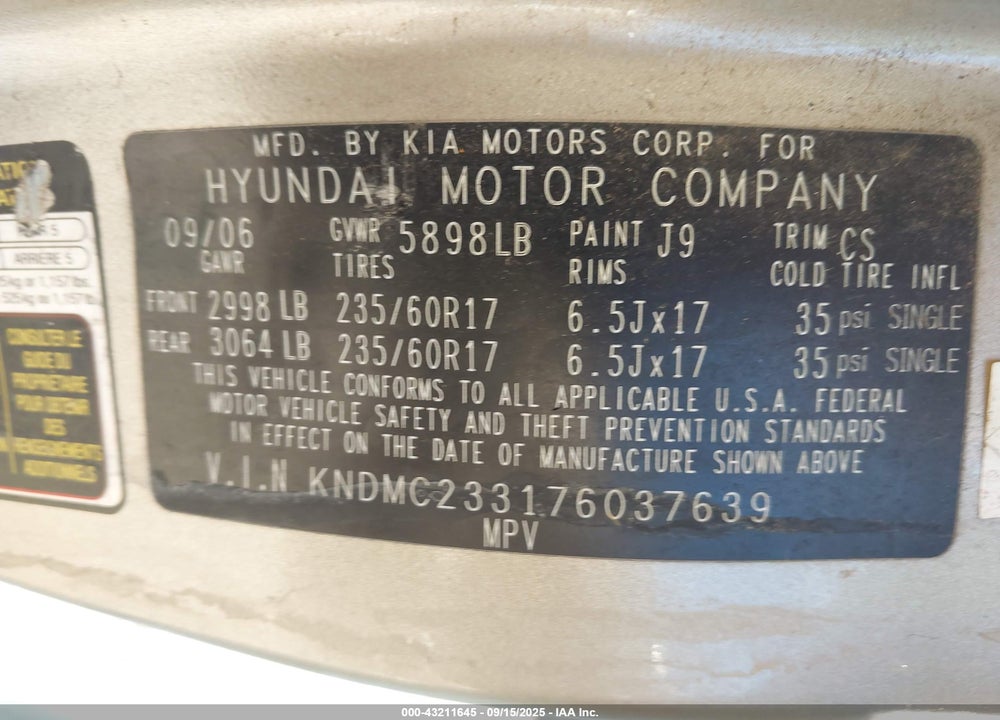 2007 HYUNDAI ENTOURAGE GLS/LIMITED/SE VIN: KNDMC233176037639