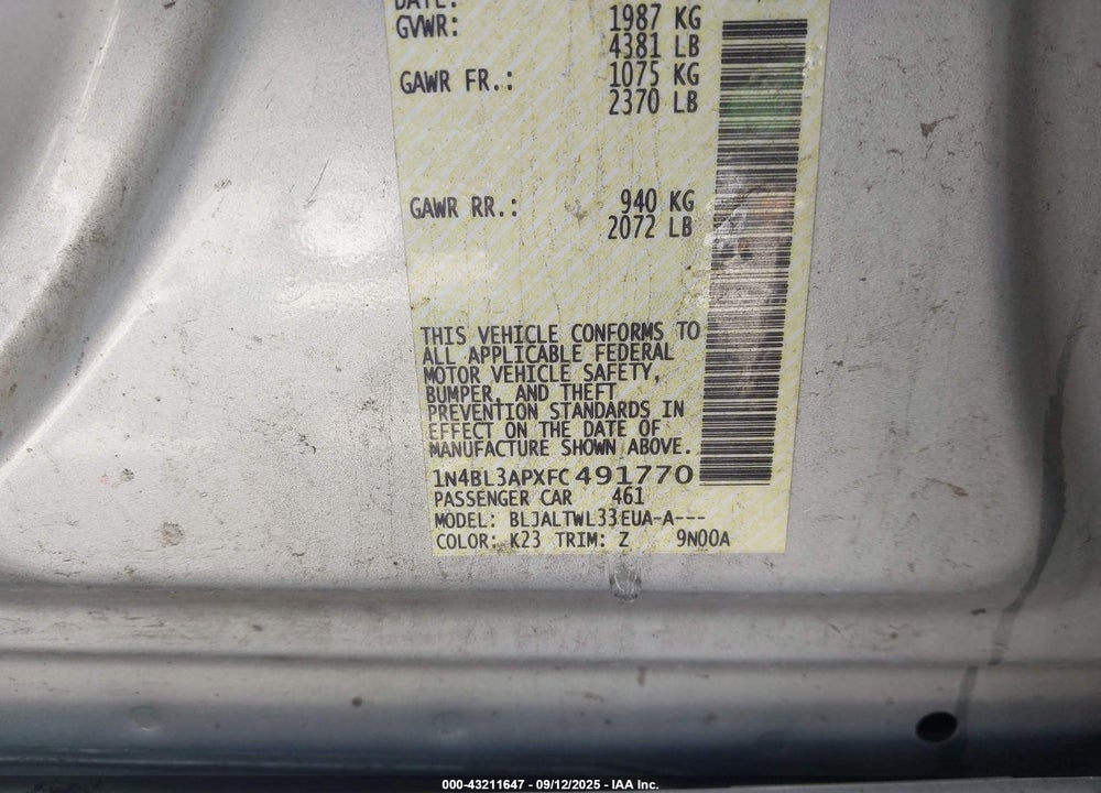 2015 NISSAN ALTIMA VIN: 1N4BL3APXFC491770