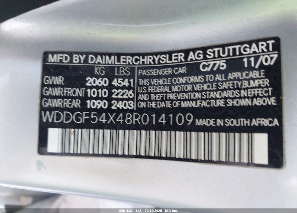 2008 MERCEDES-BENZ C 300 LUXURY/SPORT VIN: WDDGF54X48R014109