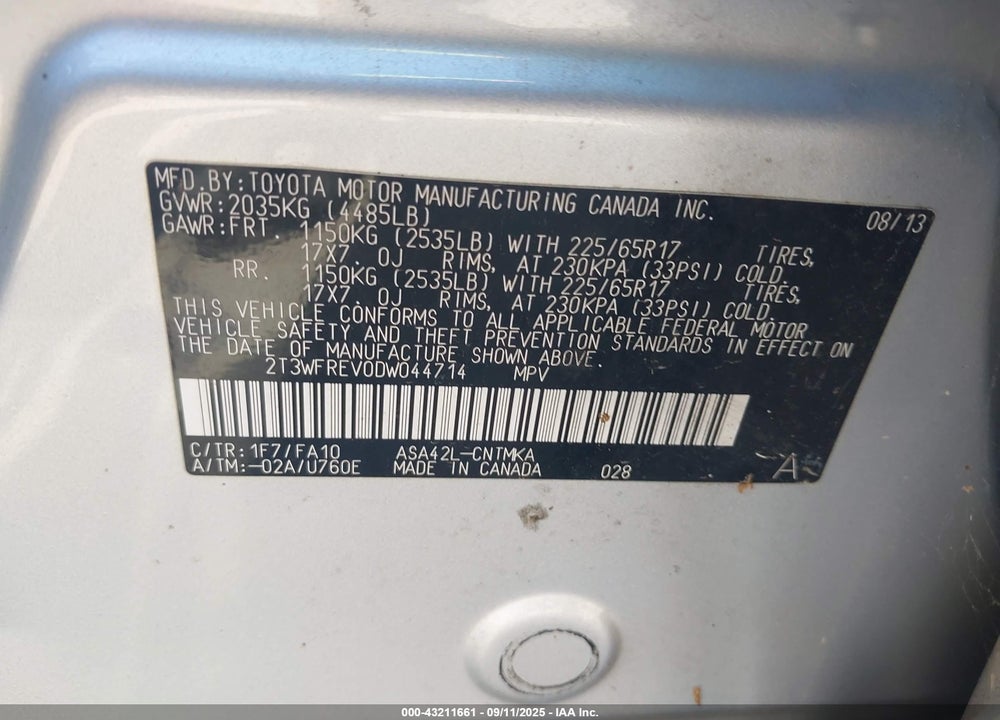 2013 TOYOTA RAV4 XLE VIN: 2T3WFREV0DW044714