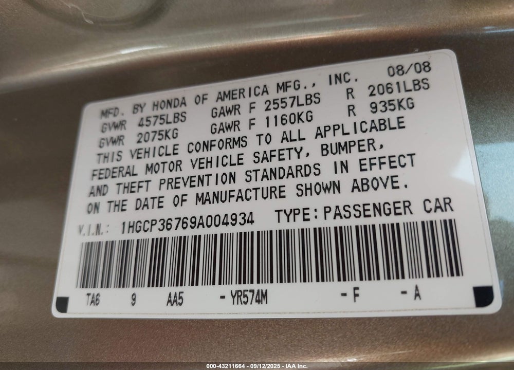 2009 HONDA ACCORD VIN: 1HGCP36769A004934