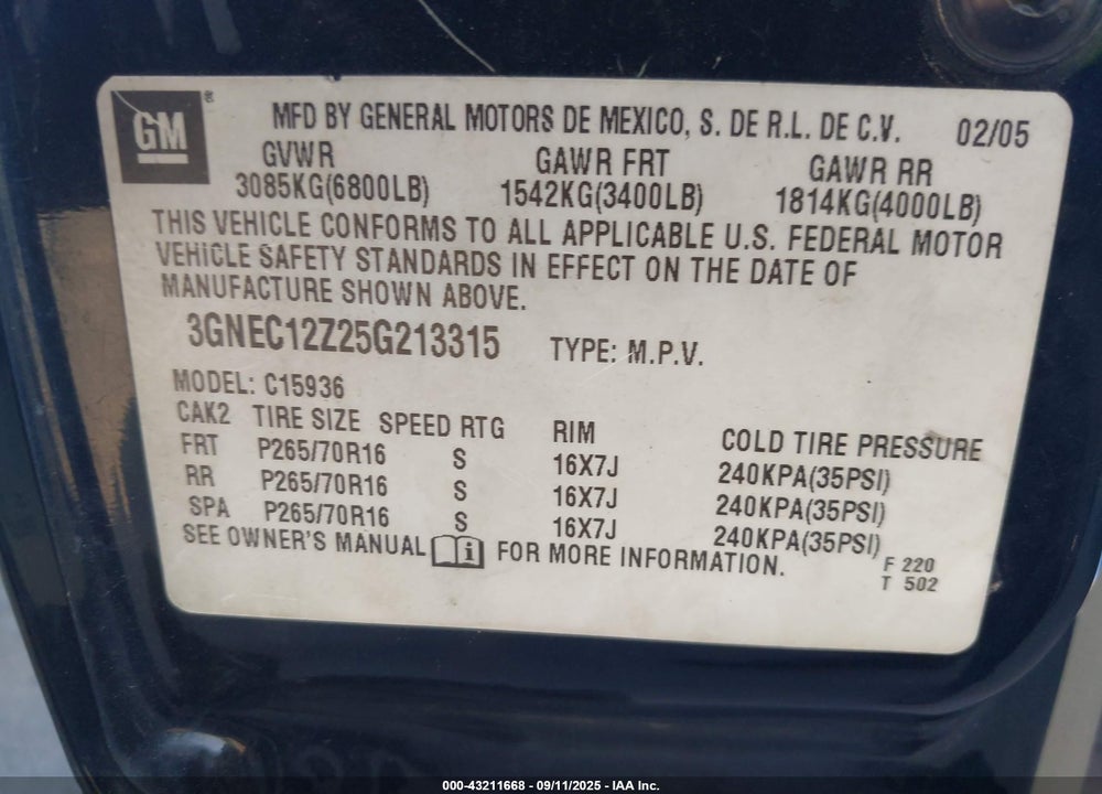 2005 CHEVROLET AVALANCHE 1500 LS VIN: 3GNEC12Z25G213315